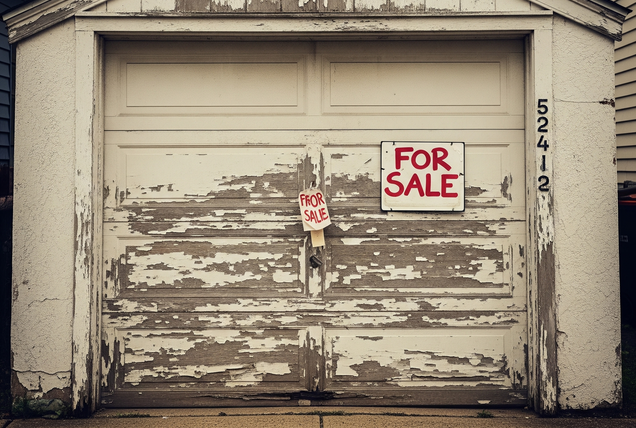 An old worn garage door with a for sale sign