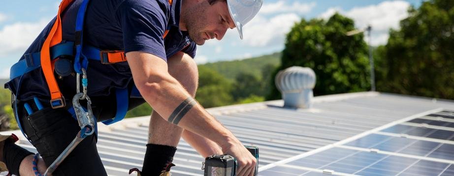 A worker installing solar panels on a roof