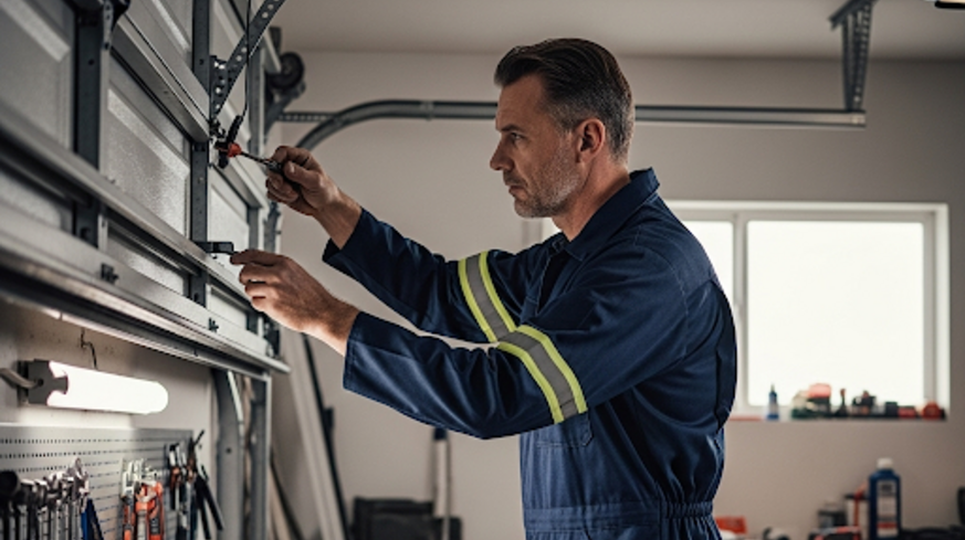 A technician working on a garage door opener rail