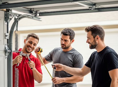Three garage door technicians talking in a garage