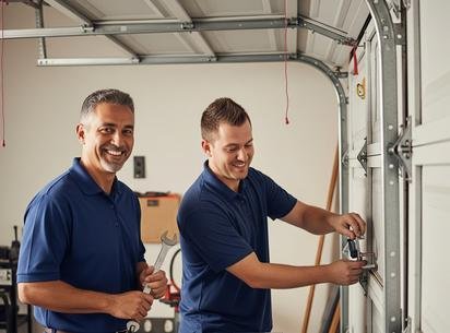 Two technicians working together on a garage door